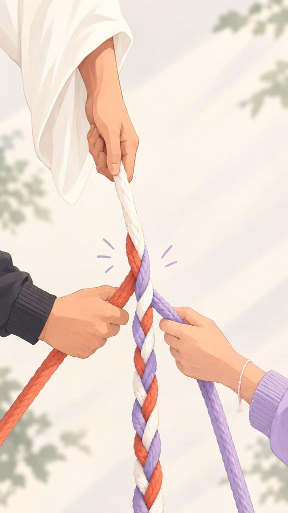Tres manos tejiendo un cordón — Crece Conmigo, app cristiana